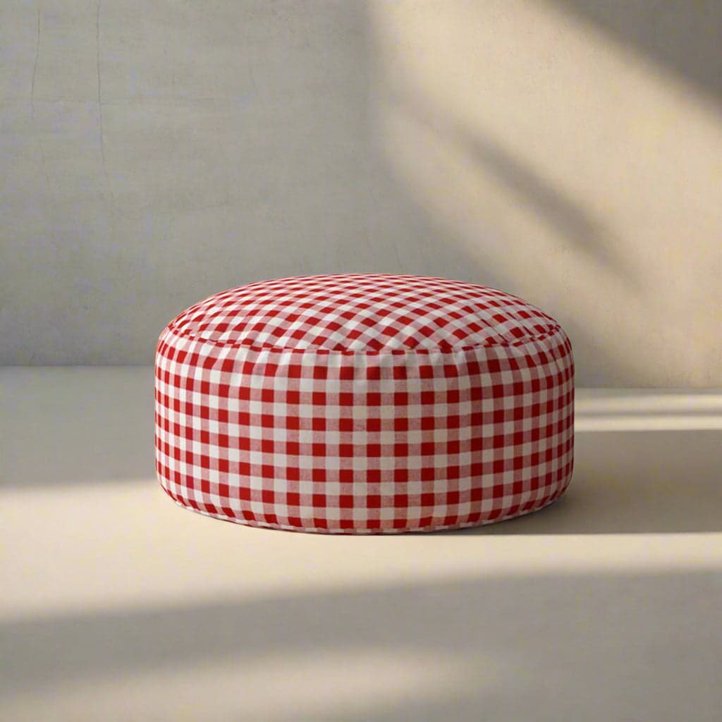 HomeRoots 24" Red And White Cotton Round Gingham Pouf Cover Only FFE258-467 - Image 1