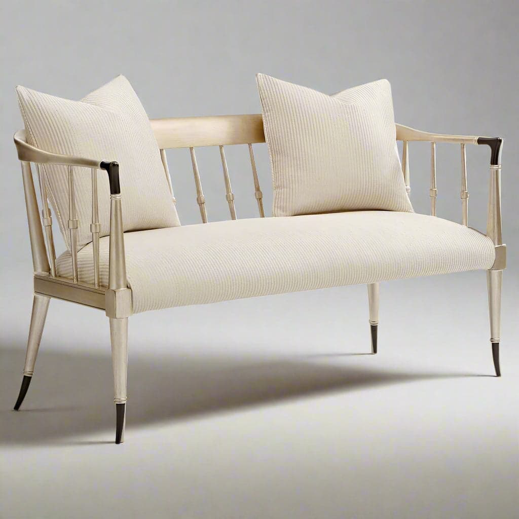 Caracole Twice As Beautiful French Country Ivory Champagne Gold Spindle Back Settee MB1-16 - Image 1