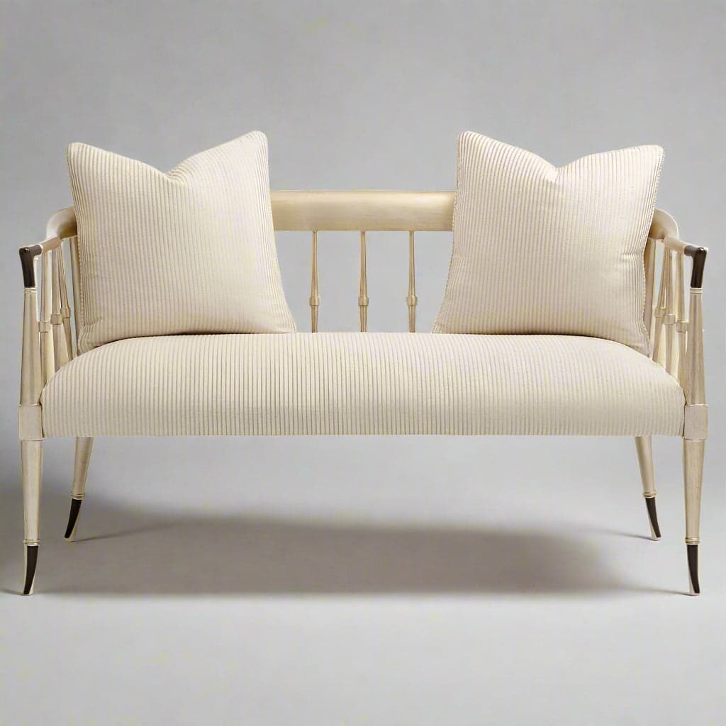 Caracole Twice As Beautiful French Country Ivory Champagne Gold Spindle Back Settee MB1-16 - Thumbnail 4
