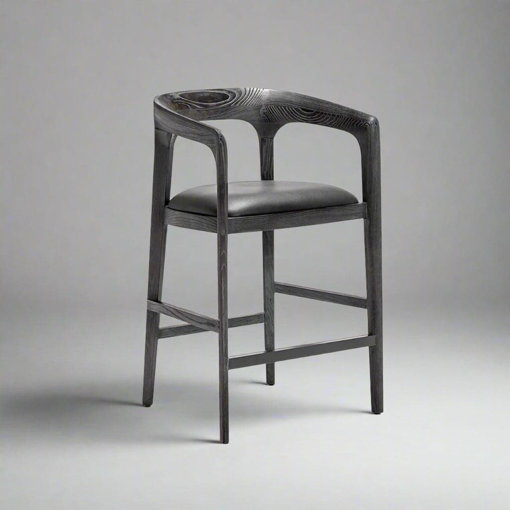 Interlude Kendra Mid Century Grey Leather Charcoal Wood Counter Stool MB1-35 - Image 1