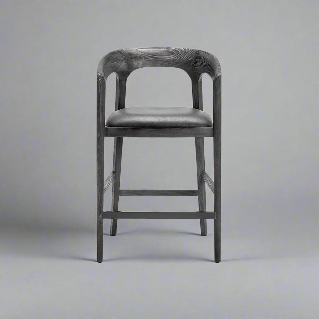 Interlude Kendra Mid Century Grey Leather Charcoal Wood Counter Stool MB1-35 - Thumbnail 3