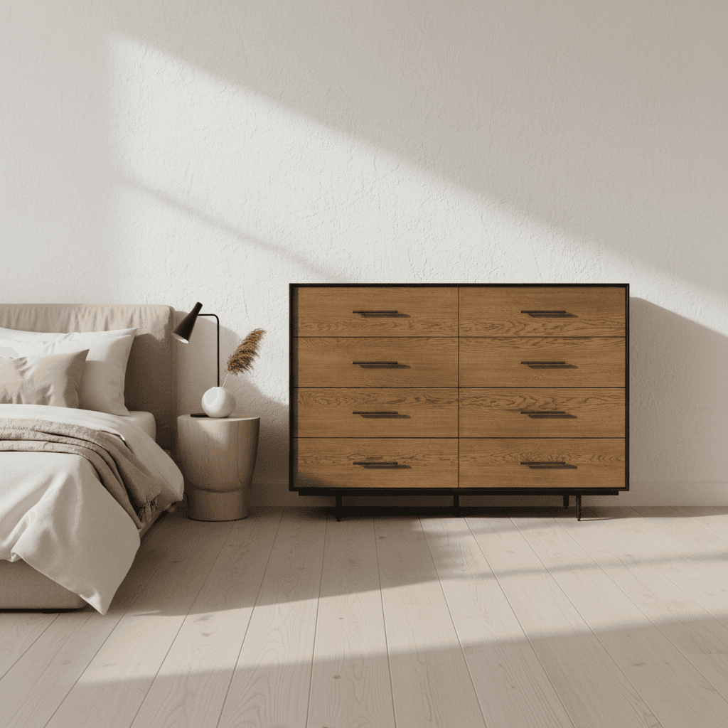 Four Hands Carrey MCM Oak / Black Iron Frame 8 Drawer Double Dresser MB1-60 - Image 1