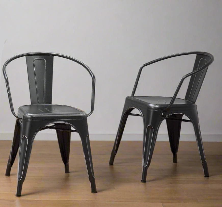 Larkin Metal Dining Arm Chair (Set of 2) in Distressed Black, Silver FFW258-602 - Image 1