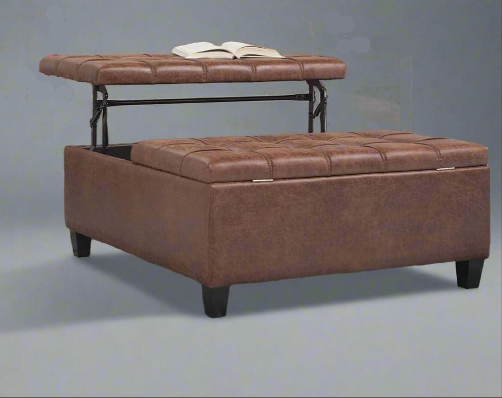 Harrison 36" Coffee Table Storage Ottoman in Distressed Brown Vegan Leather FFW-934 - Image 1