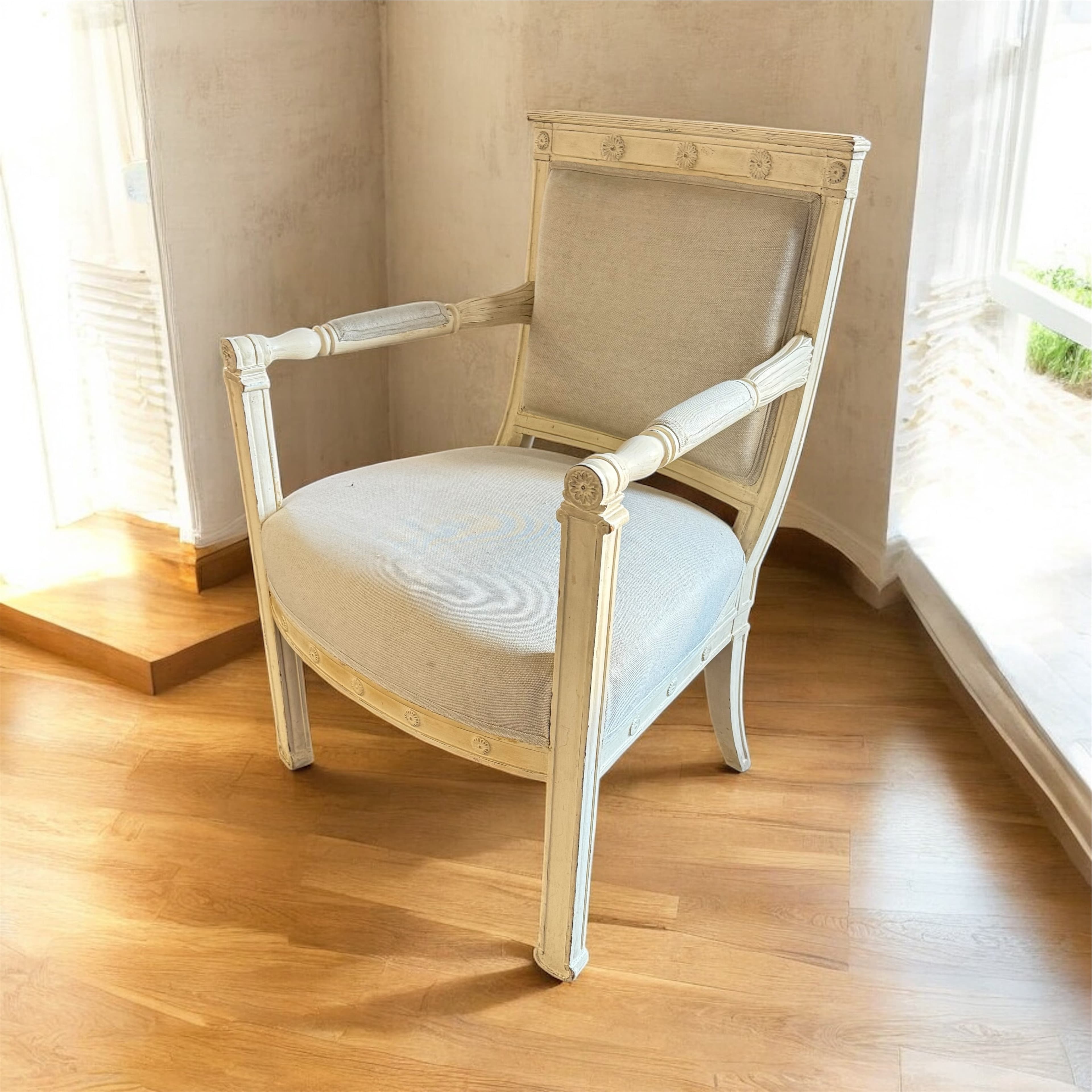 French Academic Revival Louis XVI Style Painted Upholstered Armchair Distressed Cream HR6 - Image 1