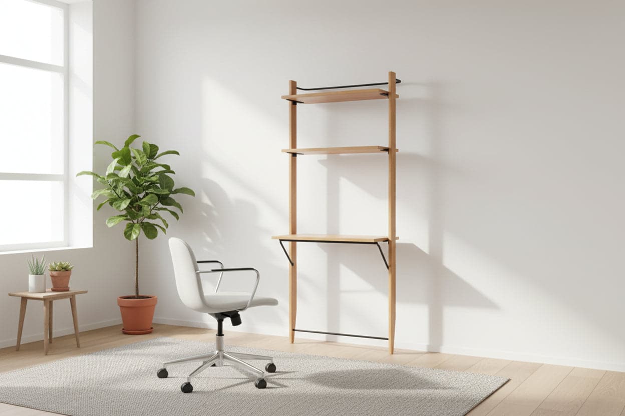 Burrow Title Wall Oak Mid Century Desk w Upper Shelves FFE-1130 - Image 1