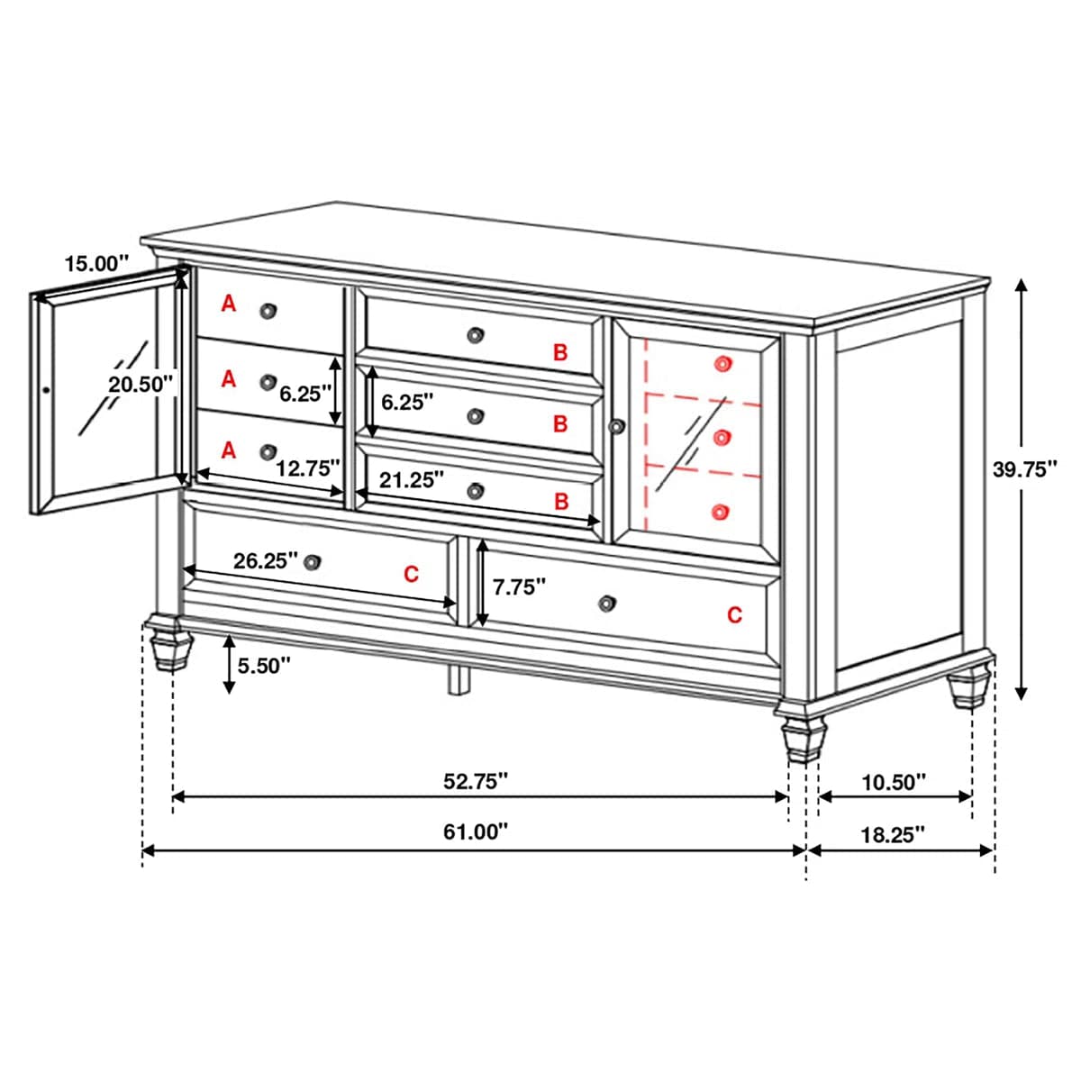 White Fraser 11 Drawer Glass Front Combo Dresser FFE-1202 - Thumbnail 4