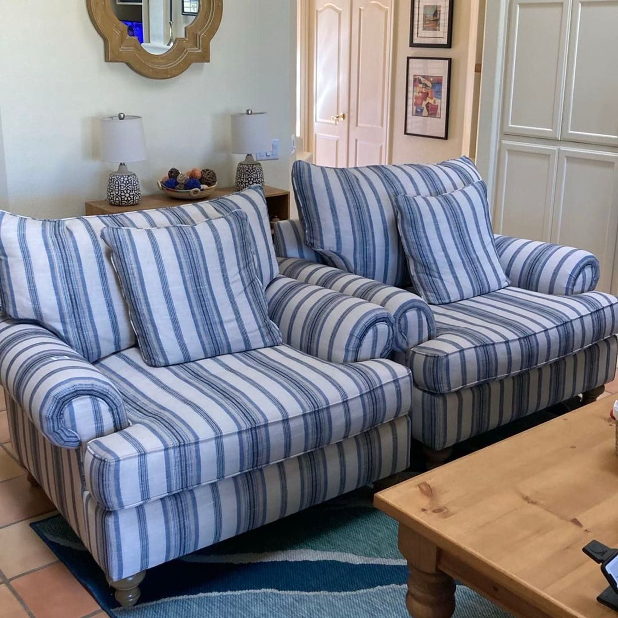 Paula Deen by Craftmaster Furniture Striped Lounge Chairs – Set of 2, Blue & White - Thumbnail 2