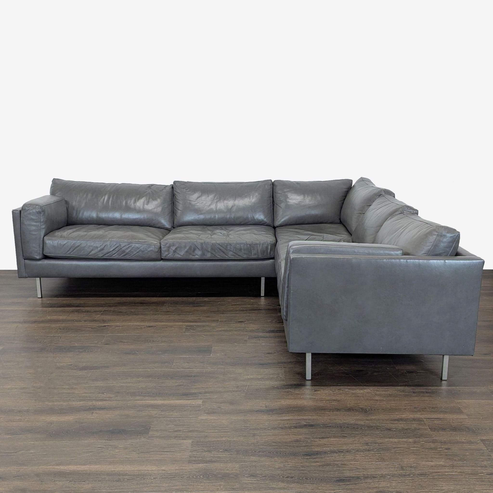 BenchMade Modern Skinny Fat Gray Leather Sectional Sofa – L-Shaped Seating - Image 1