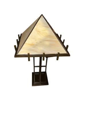 XL 31" Mission Style Slag Glass Table Lamp Arts & Crafts Prairie Pyramid Shade - Thumbnail 3