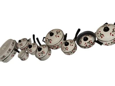 VINTAGE 17-Piece COMPLETE Set SHEFFIELD Enamelware STRAWBERRIES N CREAM Cookware - Thumbnail 8