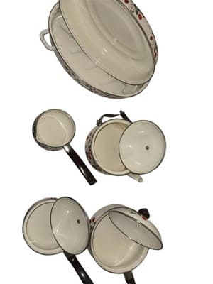 VINTAGE 17-Piece COMPLETE Set SHEFFIELD Enamelware STRAWBERRIES N CREAM Cookware - Thumbnail 14