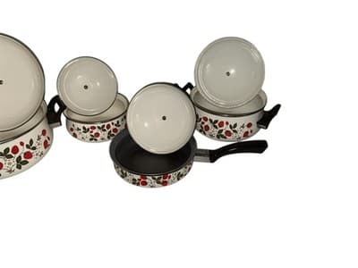 VINTAGE 17-Piece COMPLETE Set SHEFFIELD Enamelware STRAWBERRIES N CREAM Cookware - Thumbnail 11