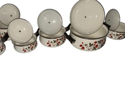 VINTAGE 17-Piece COMPLETE Set SHEFFIELD Enamelware STRAWBERRIES N CREAM Cookware - Thumbnail 3