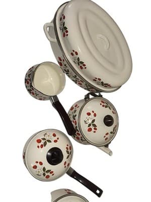 VINTAGE 17-Piece COMPLETE Set SHEFFIELD Enamelware STRAWBERRIES N CREAM Cookware - Thumbnail 15