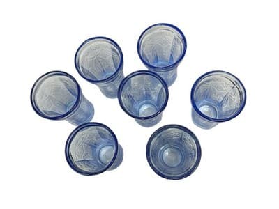 Vtg 70s NOS Set of 7 Indiana Recollection Madrid Blue Drinking Glasses free ship - Thumbnail 2