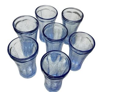 Vtg 70s NOS Set of 7 Indiana Recollection Madrid Blue Drinking Glasses free ship - Thumbnail 7