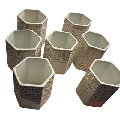 SET OF 7 White & Gold Hexagon Ceramic Mini Vases Modern Geometric Desk Decor - Thumbnail 8