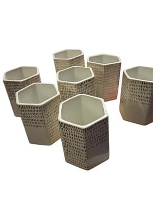 SET OF 7 White & Gold Hexagon Ceramic Mini Vases Modern Geometric Desk Decor - Thumbnail 6