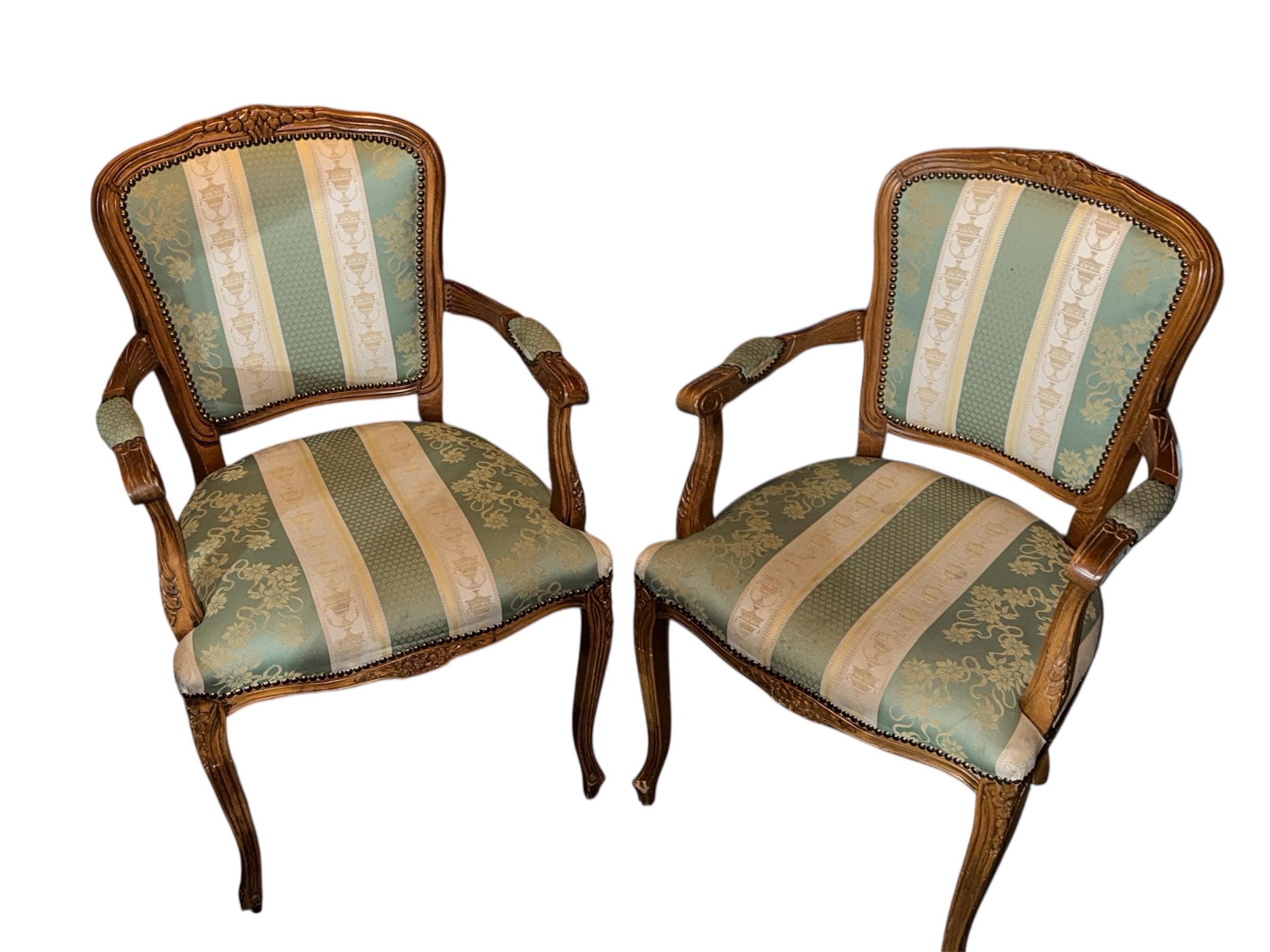 Pristine Pair of Vintage French Louis XV Fauteuil Armchairs in Sage & Cream Damask - Thumbnail 4