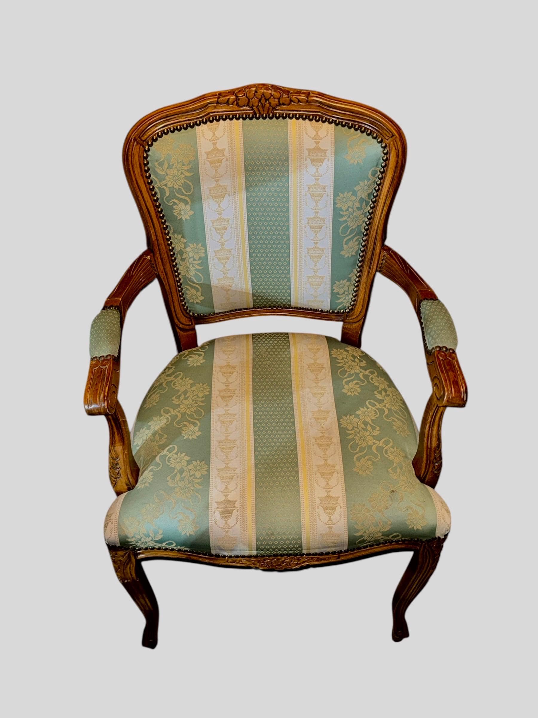 Pristine Pair of Vintage French Louis XV Fauteuil Armchairs in Sage & Cream Damask - Thumbnail 2