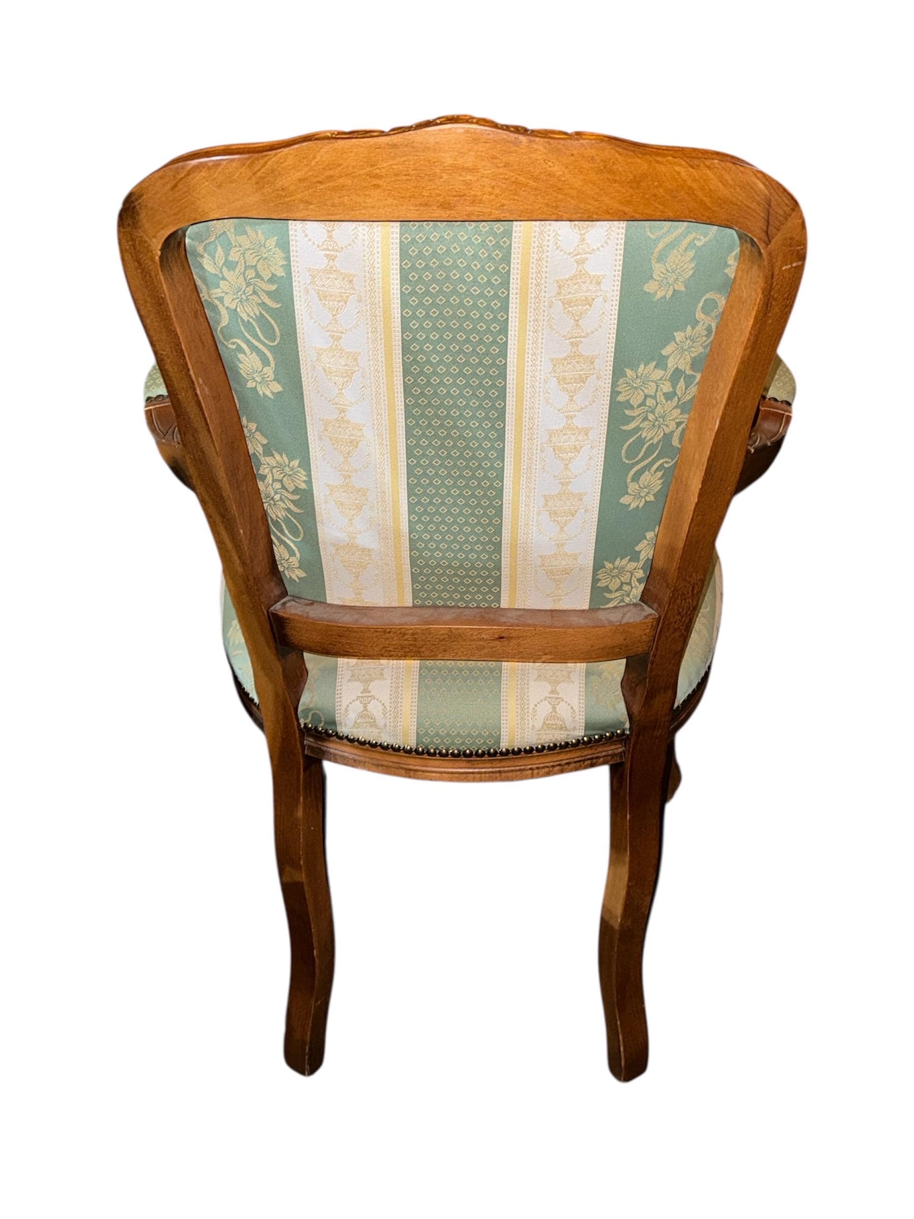 Pristine Pair of Vintage French Louis XV Fauteuil Armchairs in Sage & Cream Damask - Thumbnail 6