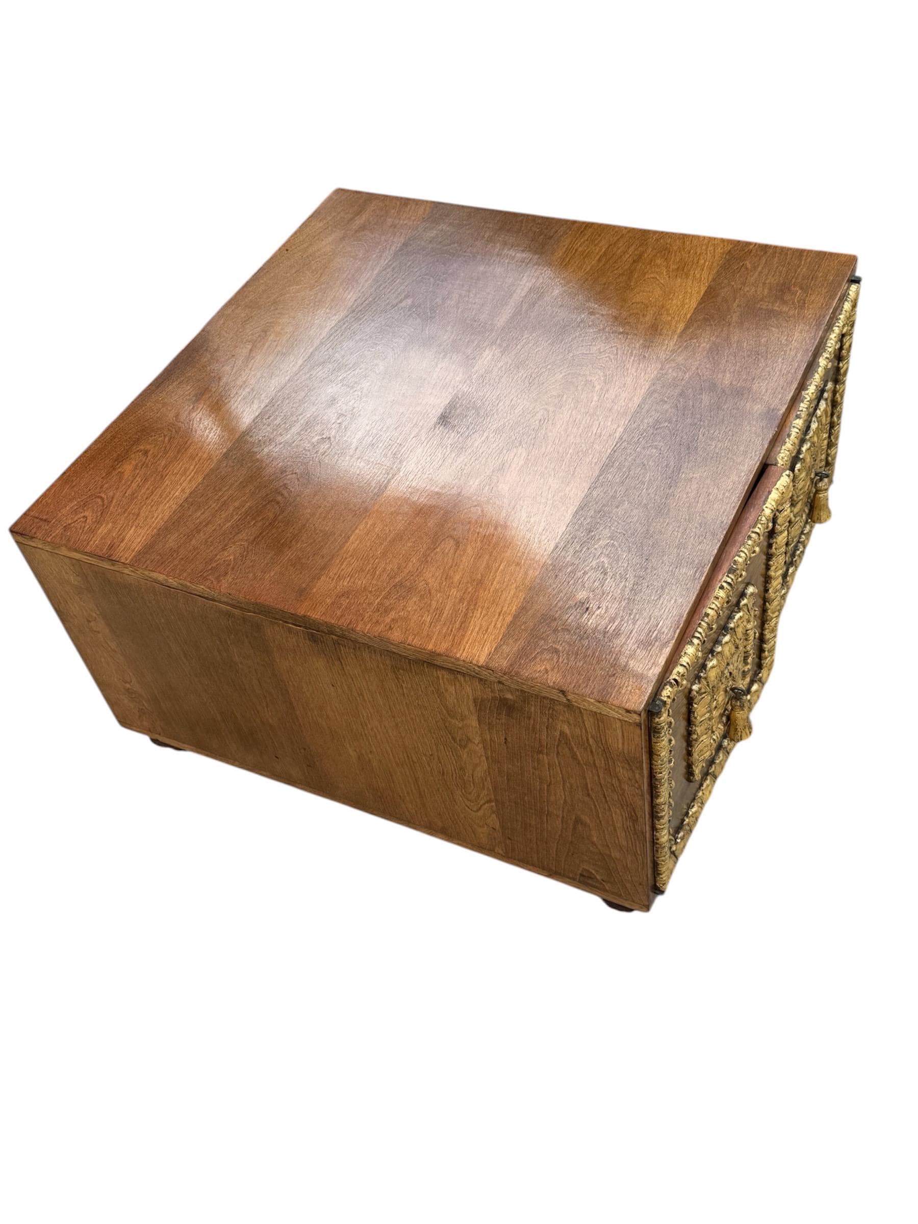 Hollywood Regency Walnut & Gilt Storage Coffee Table | Neoclassical Mid-Century Commode - Thumbnail 2