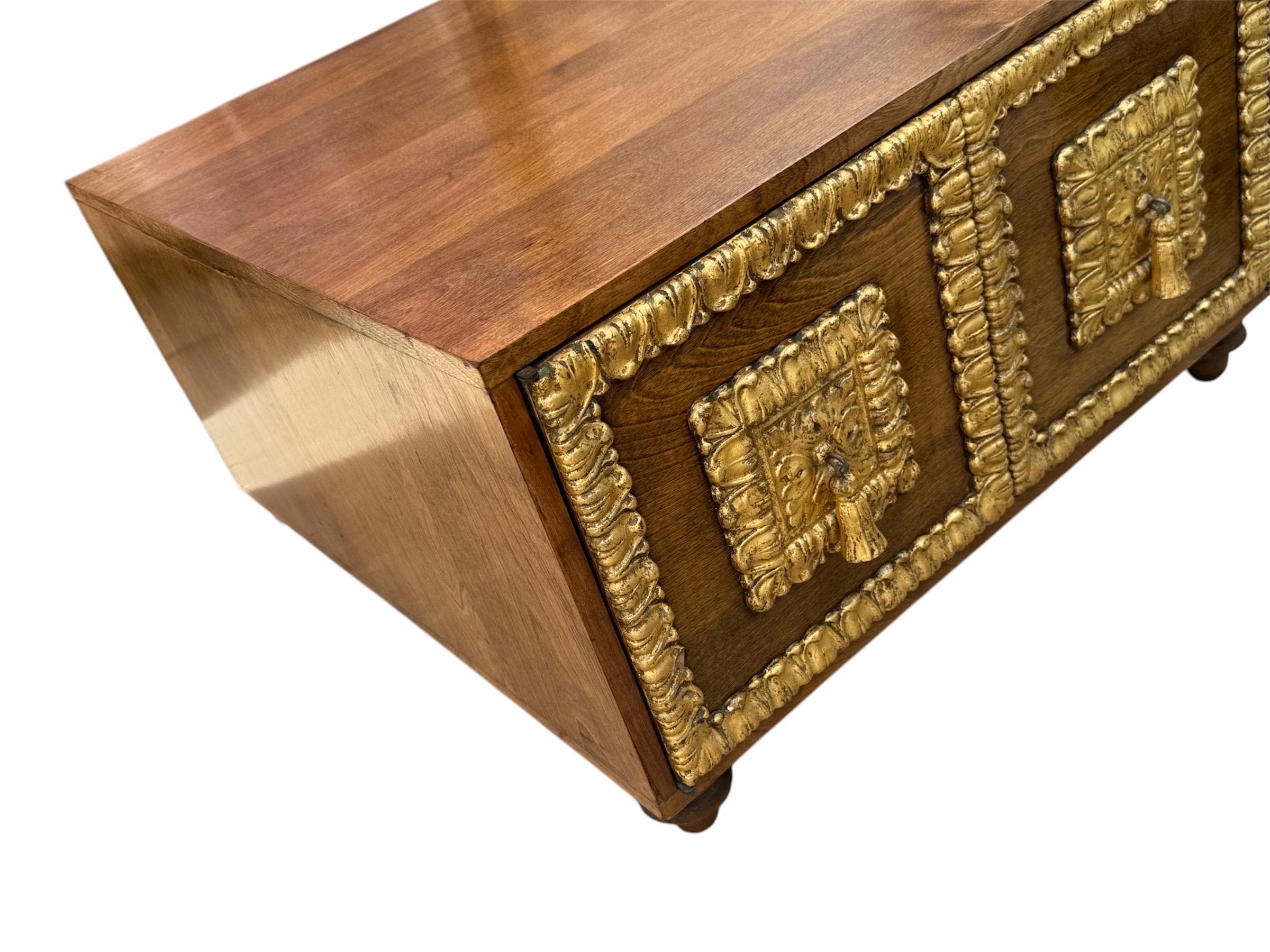 Hollywood Regency Walnut & Gilt Storage Coffee Table | Neoclassical Mid-Century Commode - Thumbnail 9