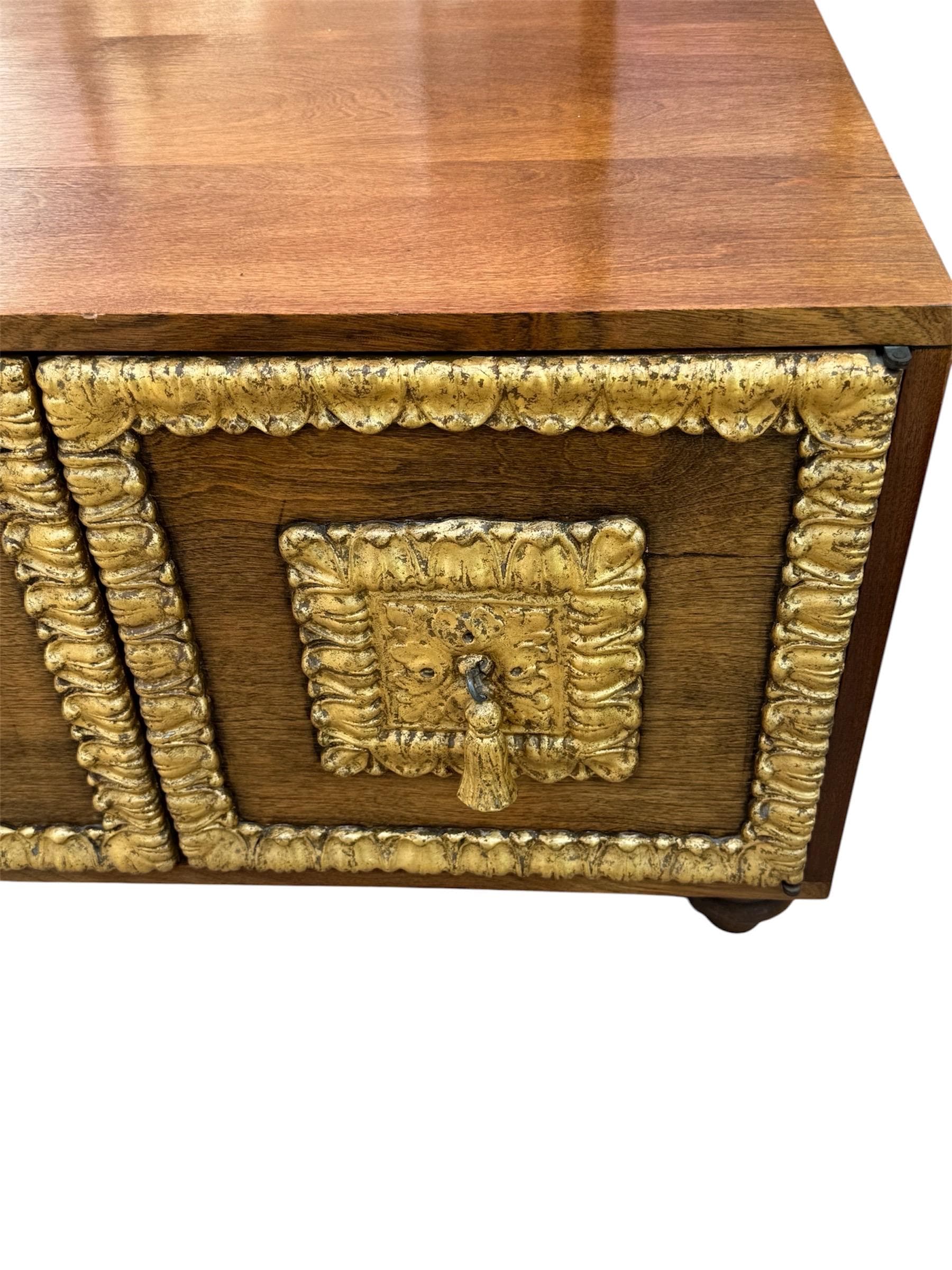 Hollywood Regency Walnut & Gilt Storage Coffee Table | Neoclassical Mid-Century Commode - Thumbnail 7