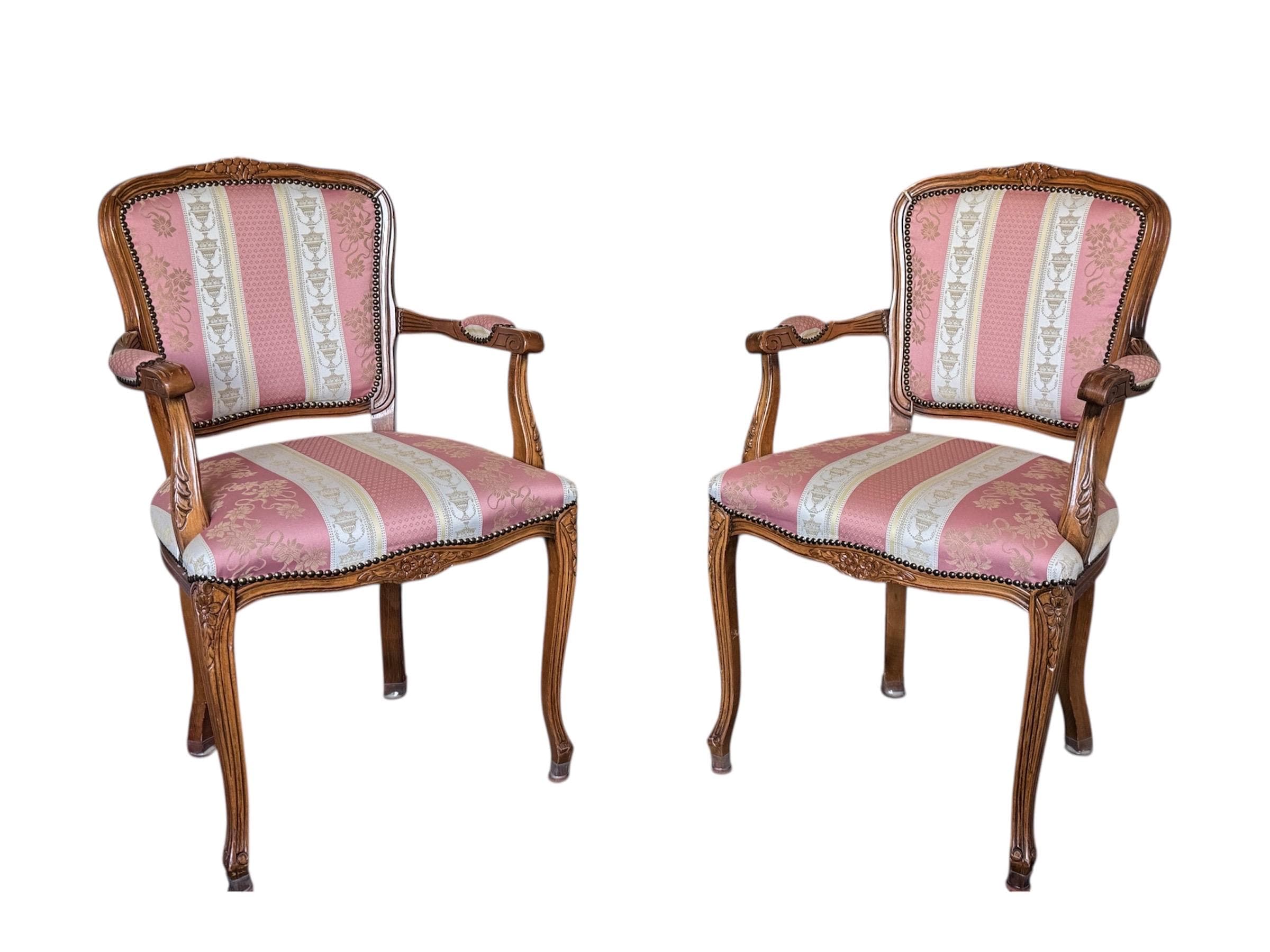 Vintage Italian Louis XV Style Armchairs – Floral Damask Fauteuils, Pair