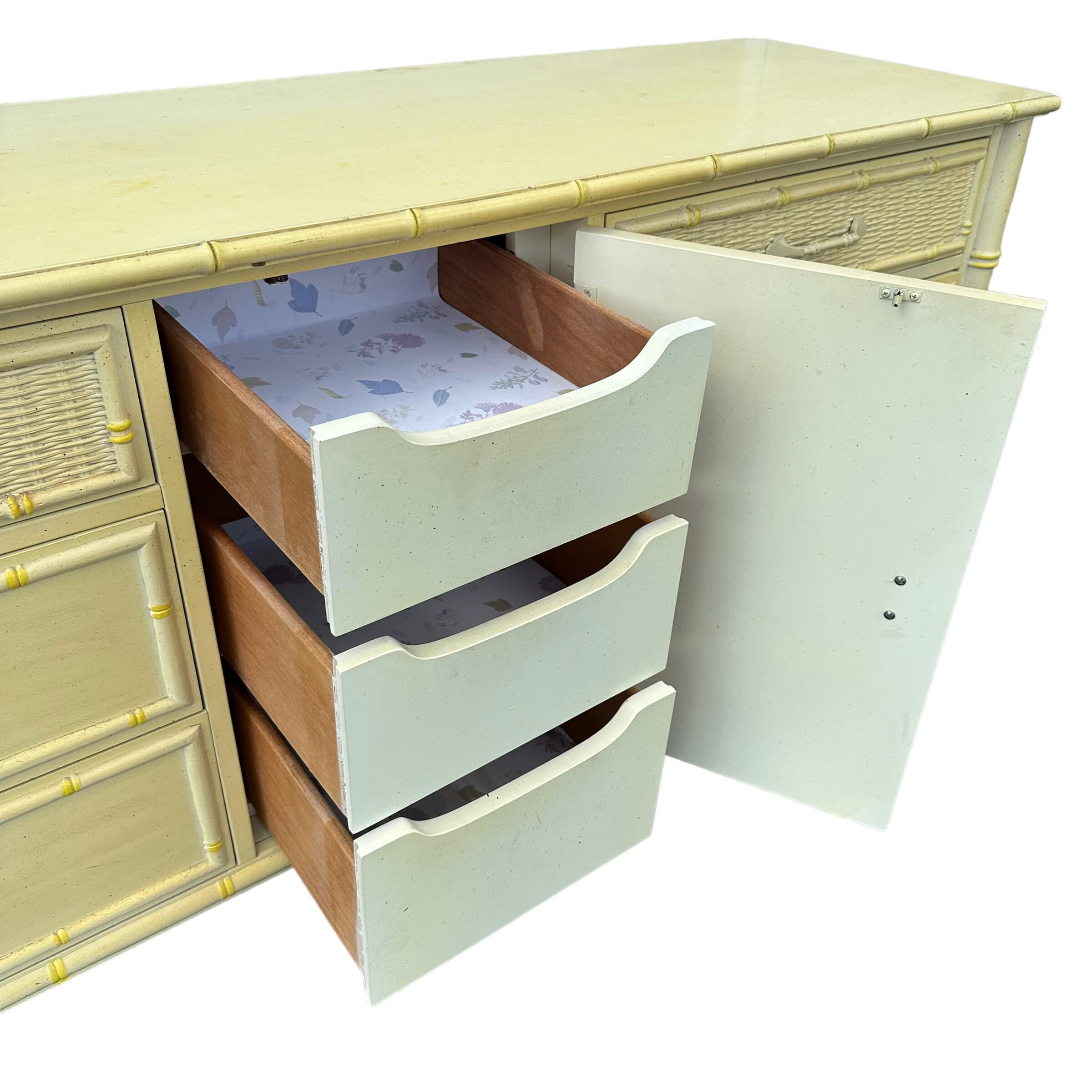 Hollywood Regency Dresser by Stanley Furniture - 1970s Vintage 9 Drawer, Faux Bamboo & Rattan Wicker, Light Yellow, Chinoiserie Style - Thumbnail 4