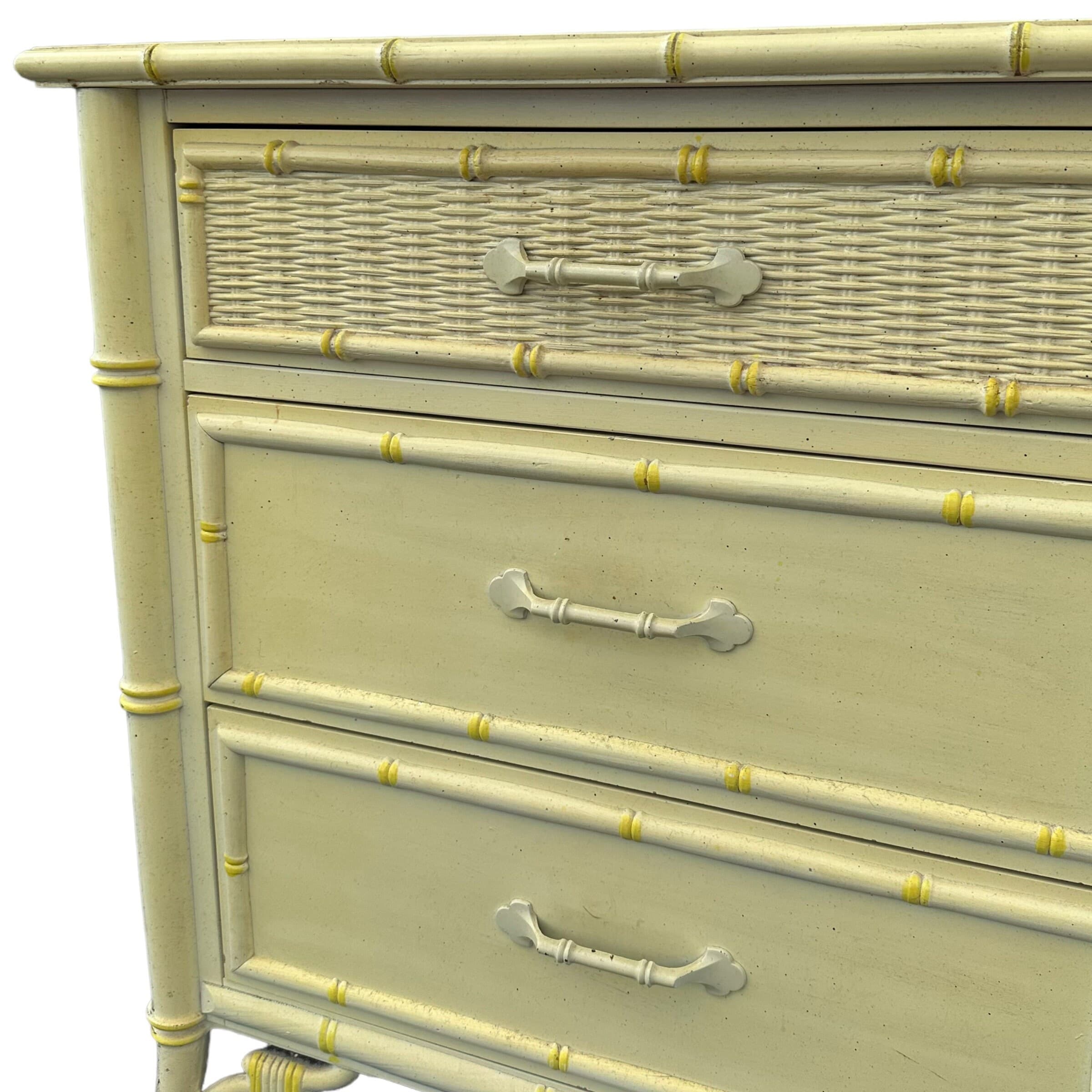 Hollywood Regency Dresser by Stanley Furniture - 1970s Vintage 9 Drawer, Faux Bamboo & Rattan Wicker, Light Yellow, Chinoiserie Style - Thumbnail 2