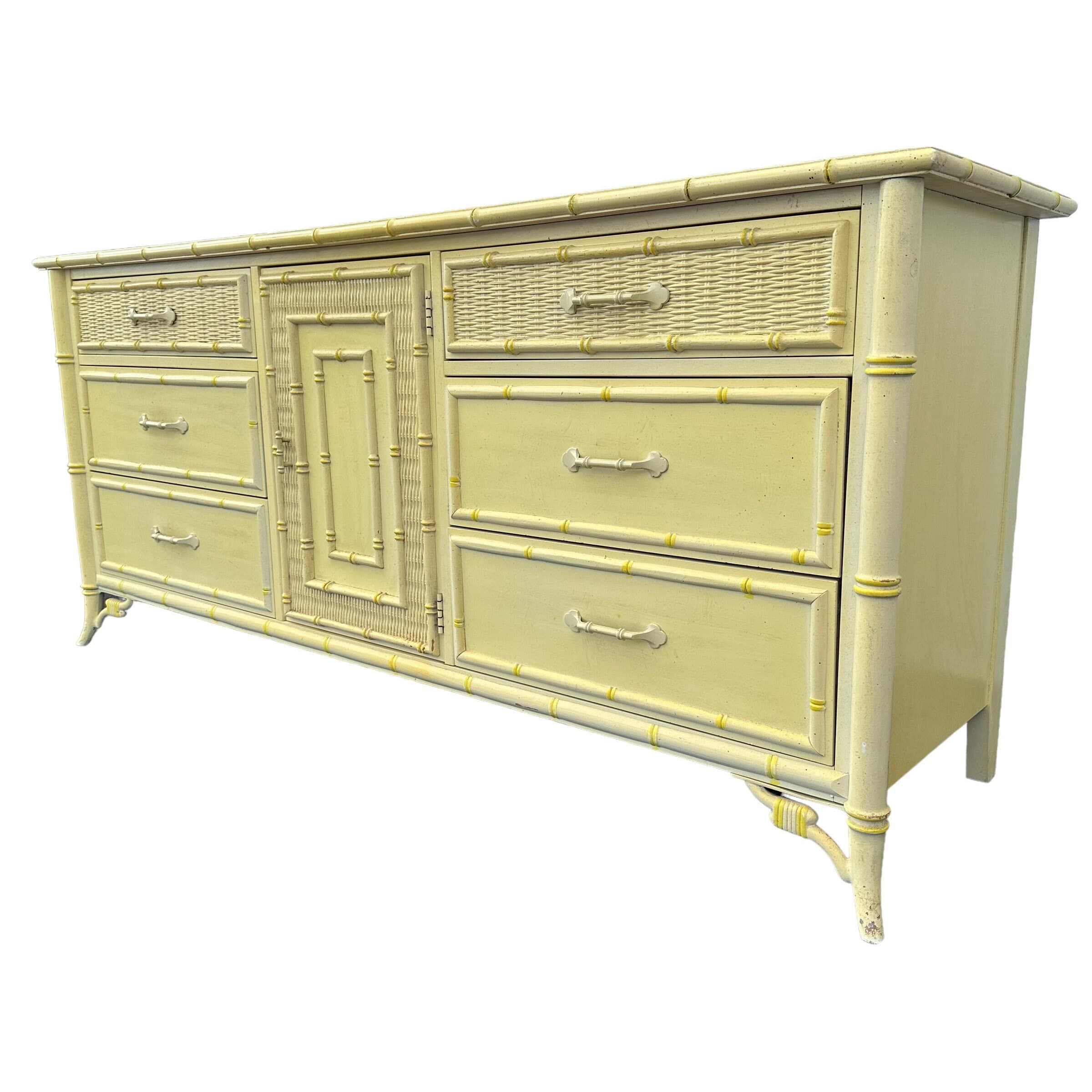 Hollywood Regency Dresser by Stanley Furniture - 1970s Vintage 9 Drawer, Faux Bamboo & Rattan Wicker, Light Yellow, Chinoiserie Style - Thumbnail 5