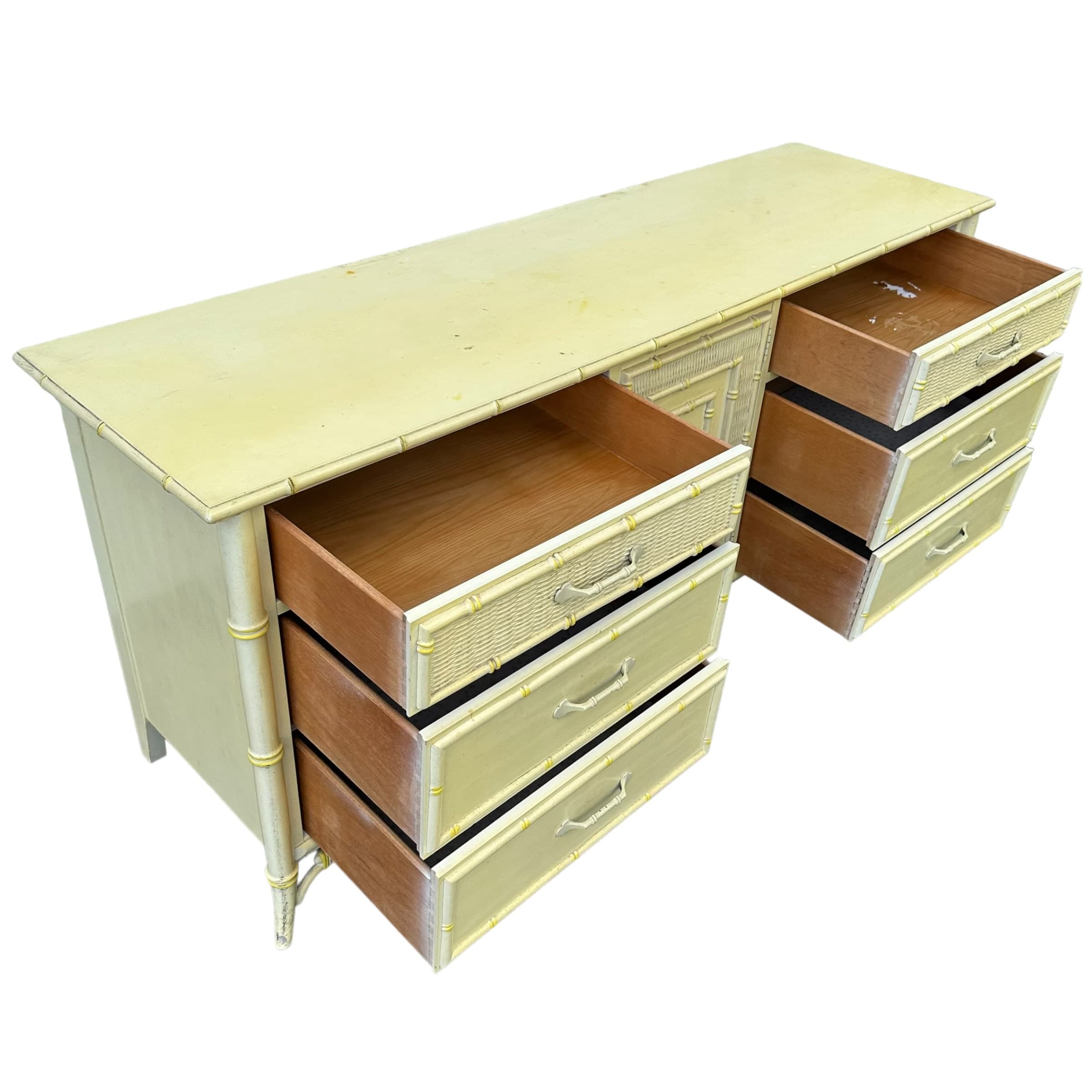 Hollywood Regency Dresser by Stanley Furniture - 1970s Vintage 9 Drawer, Faux Bamboo & Rattan Wicker, Light Yellow, Chinoiserie Style - Thumbnail 7