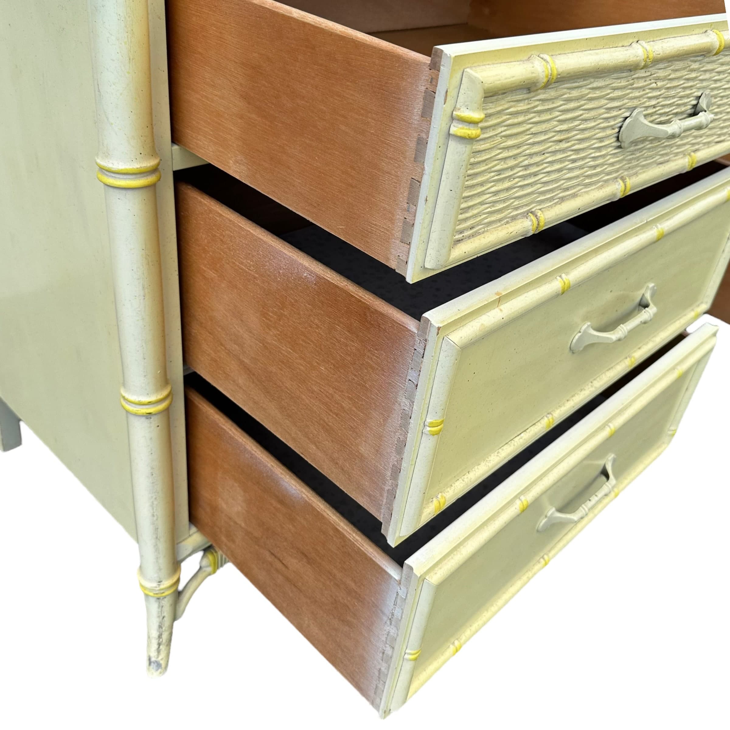 Hollywood Regency Dresser by Stanley Furniture - 1970s Vintage 9 Drawer, Faux Bamboo & Rattan Wicker, Light Yellow, Chinoiserie Style - Thumbnail 8