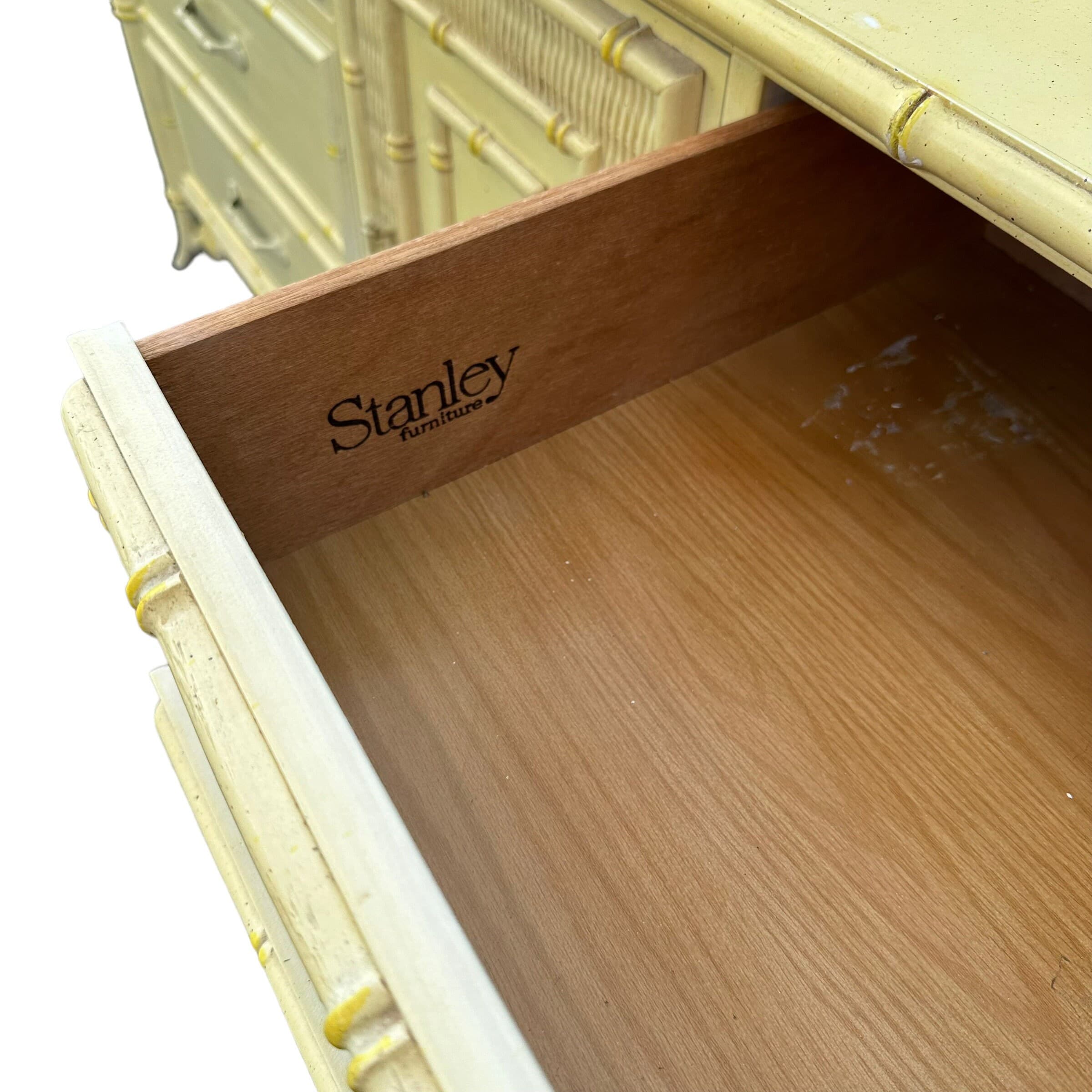 Hollywood Regency Dresser by Stanley Furniture - 1970s Vintage 9 Drawer, Faux Bamboo & Rattan Wicker, Light Yellow, Chinoiserie Style - Thumbnail 9