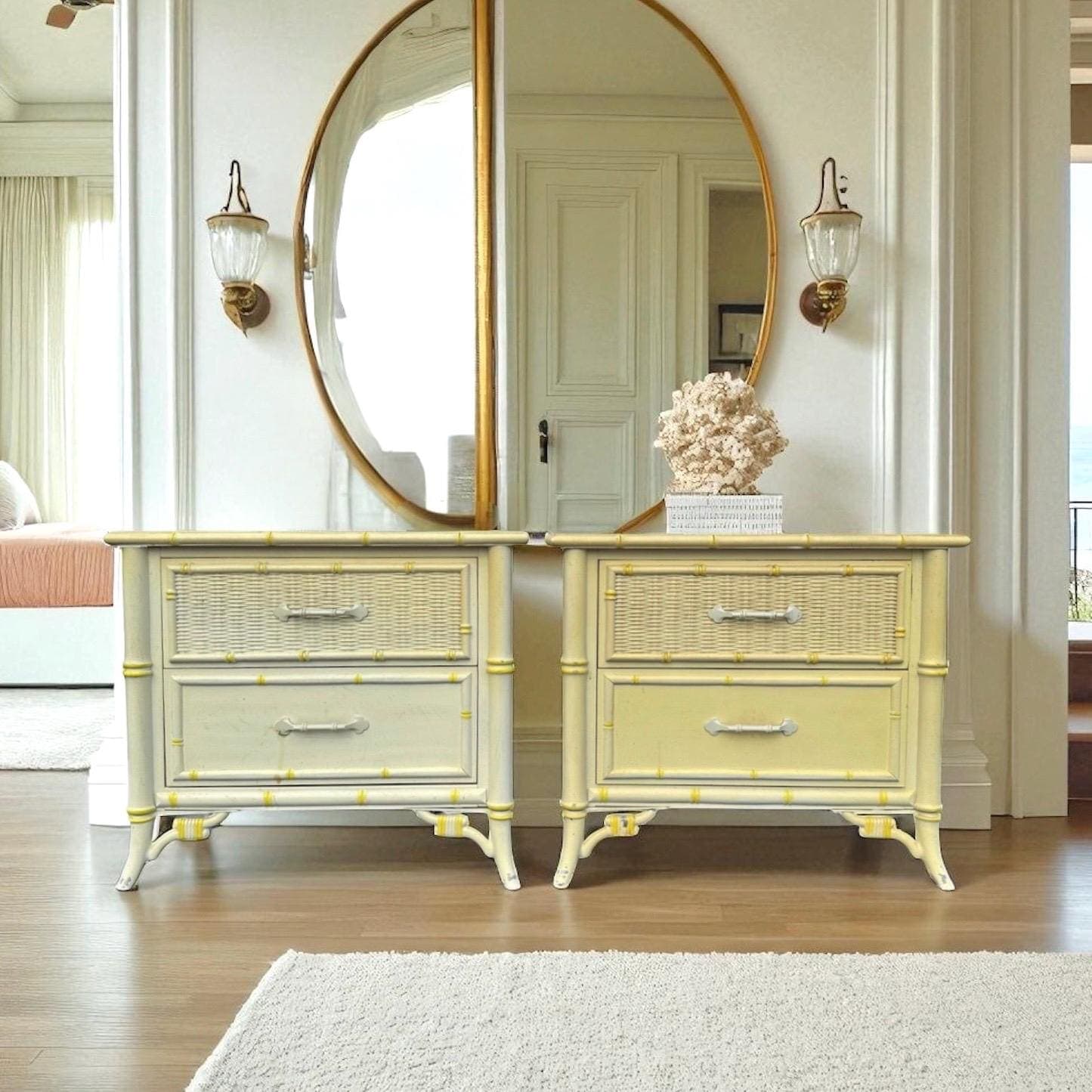 Set of 2 Hollywood Regency Nightstands by Stanley - 1970s Vintage Faux Bamboo & Rattan Wicker, Light Yellow, Chinoiserie Coastal End Tables - Image 1