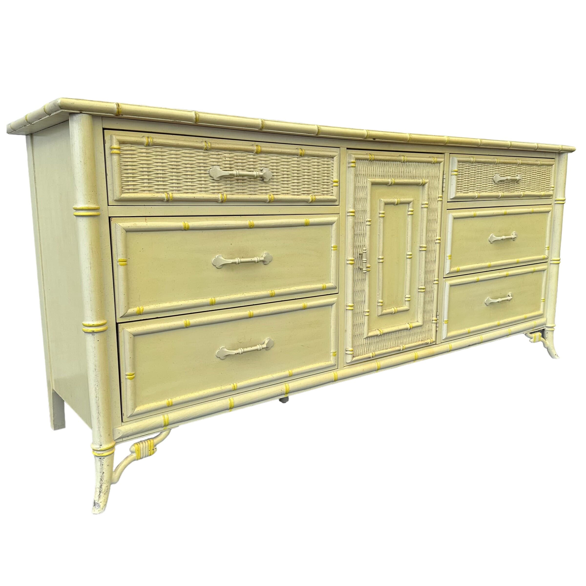 Hollywood Regency Dresser by Stanley Furniture - 1970s Vintage 9 Drawer, Faux Bamboo & Rattan Wicker, Light Yellow, Chinoiserie Style - Thumbnail 10