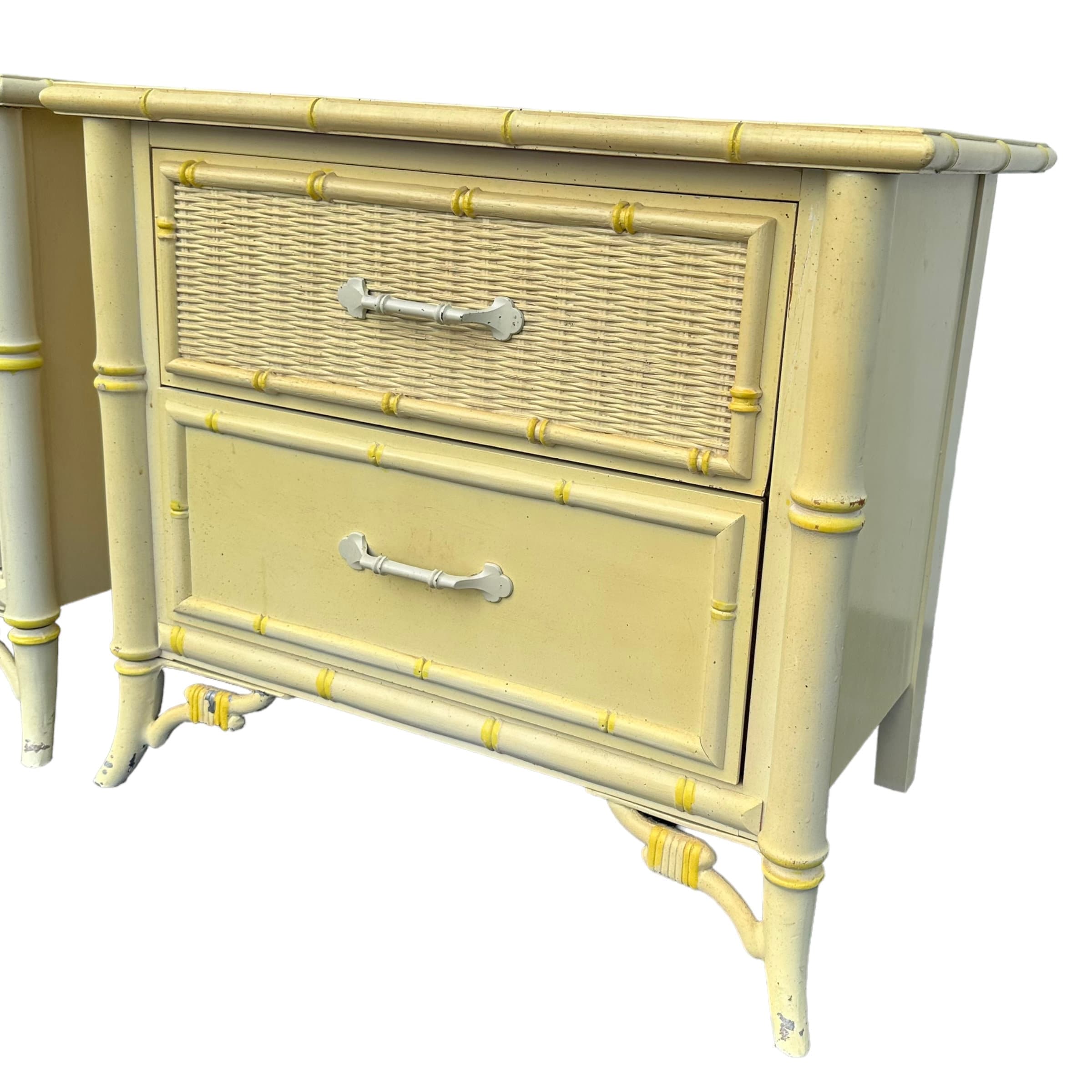 Set of 2 Hollywood Regency Nightstands by Stanley - 1970s Vintage Faux Bamboo & Rattan Wicker, Light Yellow, Chinoiserie Coastal End Tables - Thumbnail 3