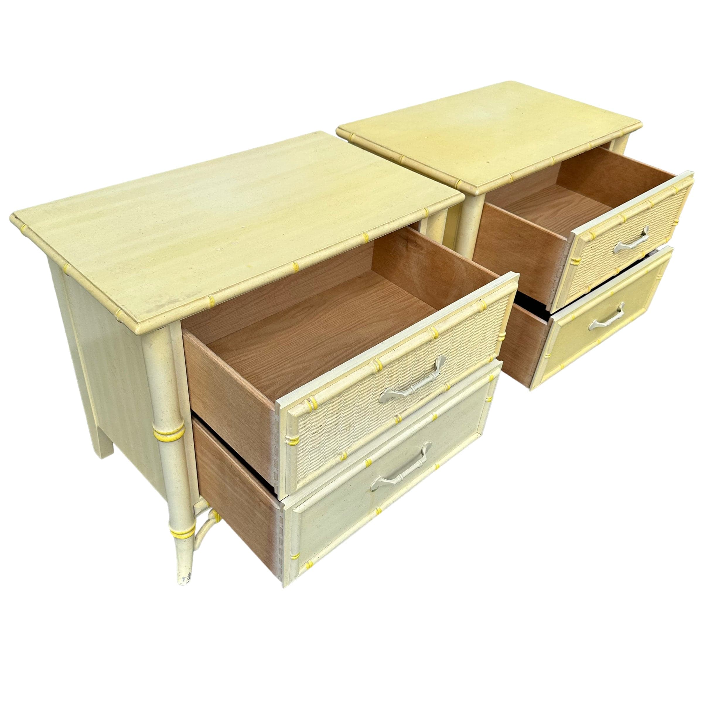 Set of 2 Hollywood Regency Nightstands by Stanley - 1970s Vintage Faux Bamboo & Rattan Wicker, Light Yellow, Chinoiserie Coastal End Tables - Thumbnail 5