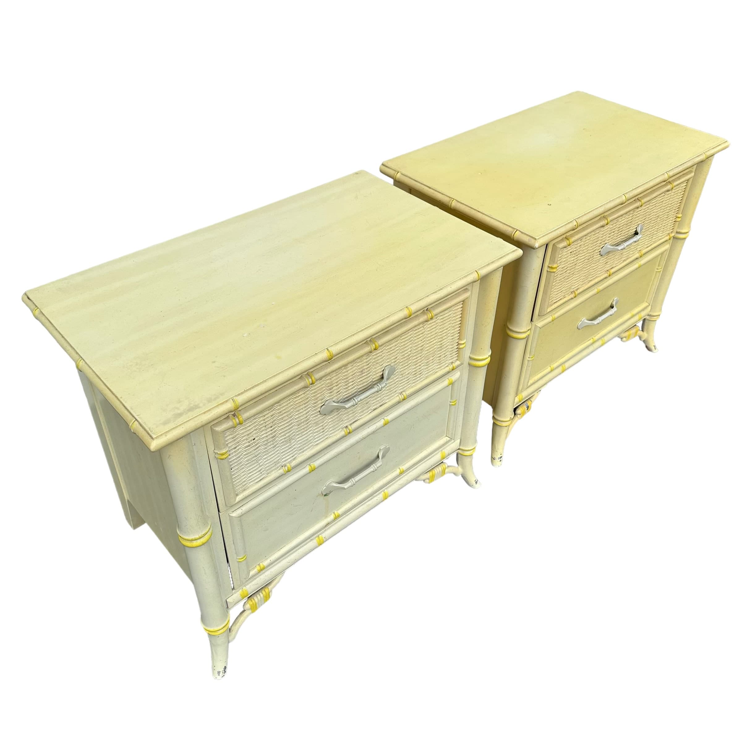 Set of 2 Hollywood Regency Nightstands by Stanley - 1970s Vintage Faux Bamboo & Rattan Wicker, Light Yellow, Chinoiserie Coastal End Tables - Thumbnail 4
