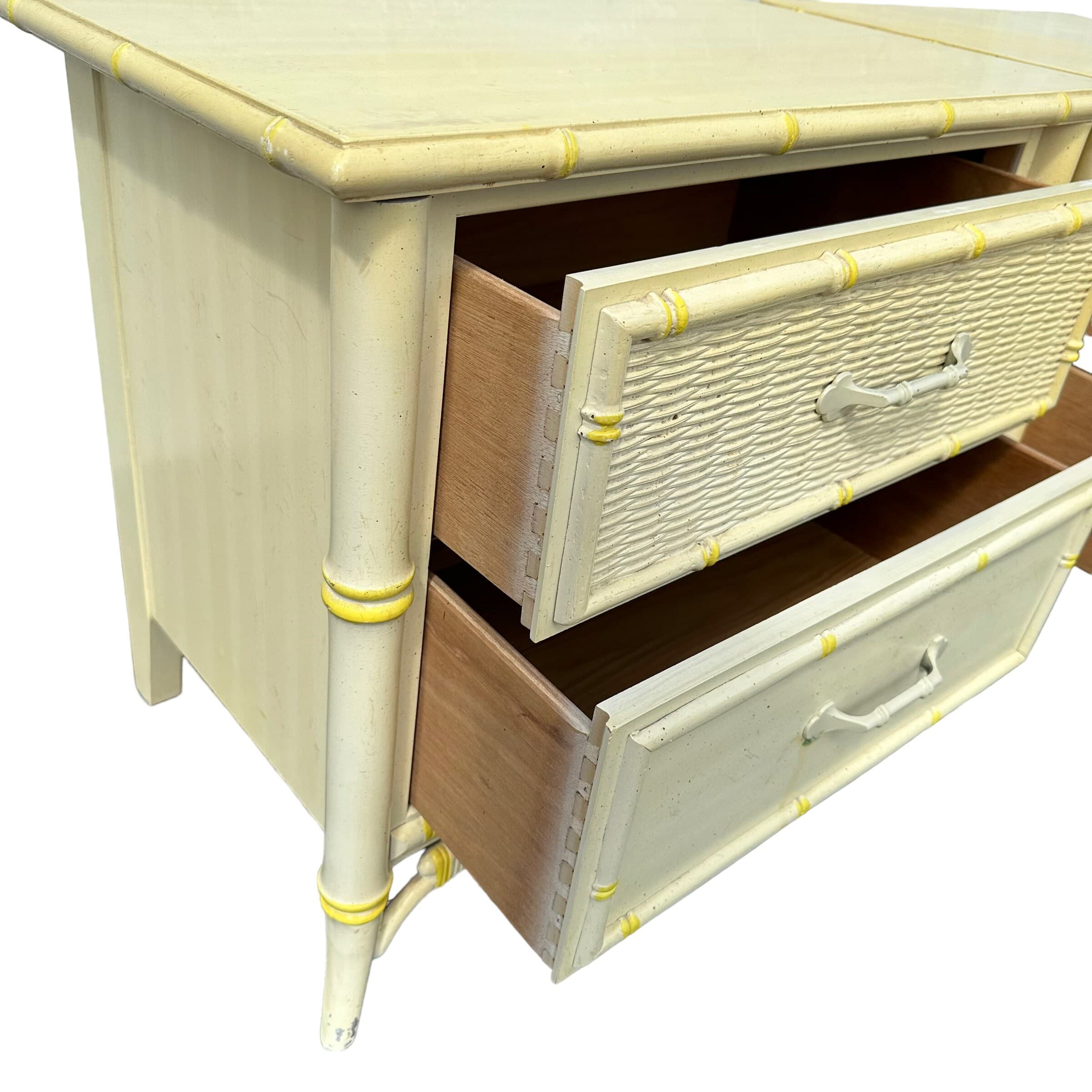Set of 2 Hollywood Regency Nightstands by Stanley - 1970s Vintage Faux Bamboo & Rattan Wicker, Light Yellow, Chinoiserie Coastal End Tables - Thumbnail 6