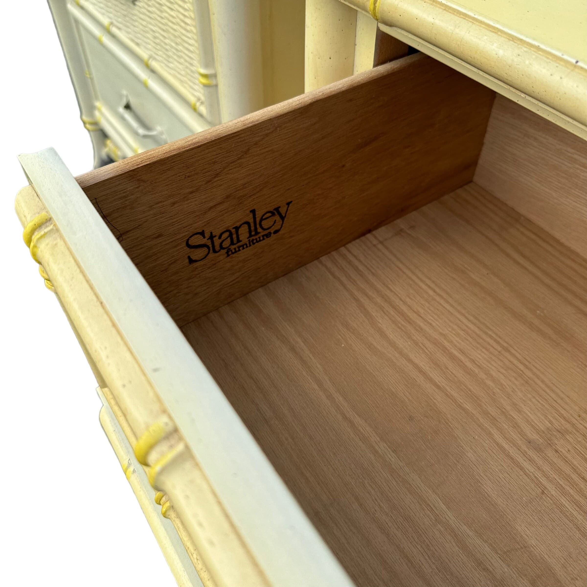 Set of 2 Hollywood Regency Nightstands by Stanley - 1970s Vintage Faux Bamboo & Rattan Wicker, Light Yellow, Chinoiserie Coastal End Tables - Thumbnail 7