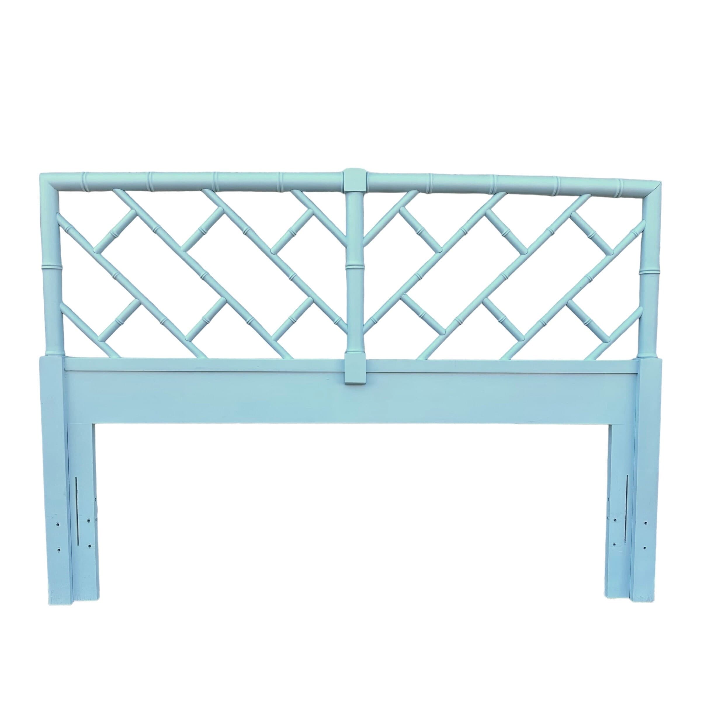 Chinese Chippendale Queen Headboard by Henry Link Bali Hai Painted Surf Spray Blue - Vintage Faux Bamboo Fretwork Full Chinoiserie Coastal - Image 1