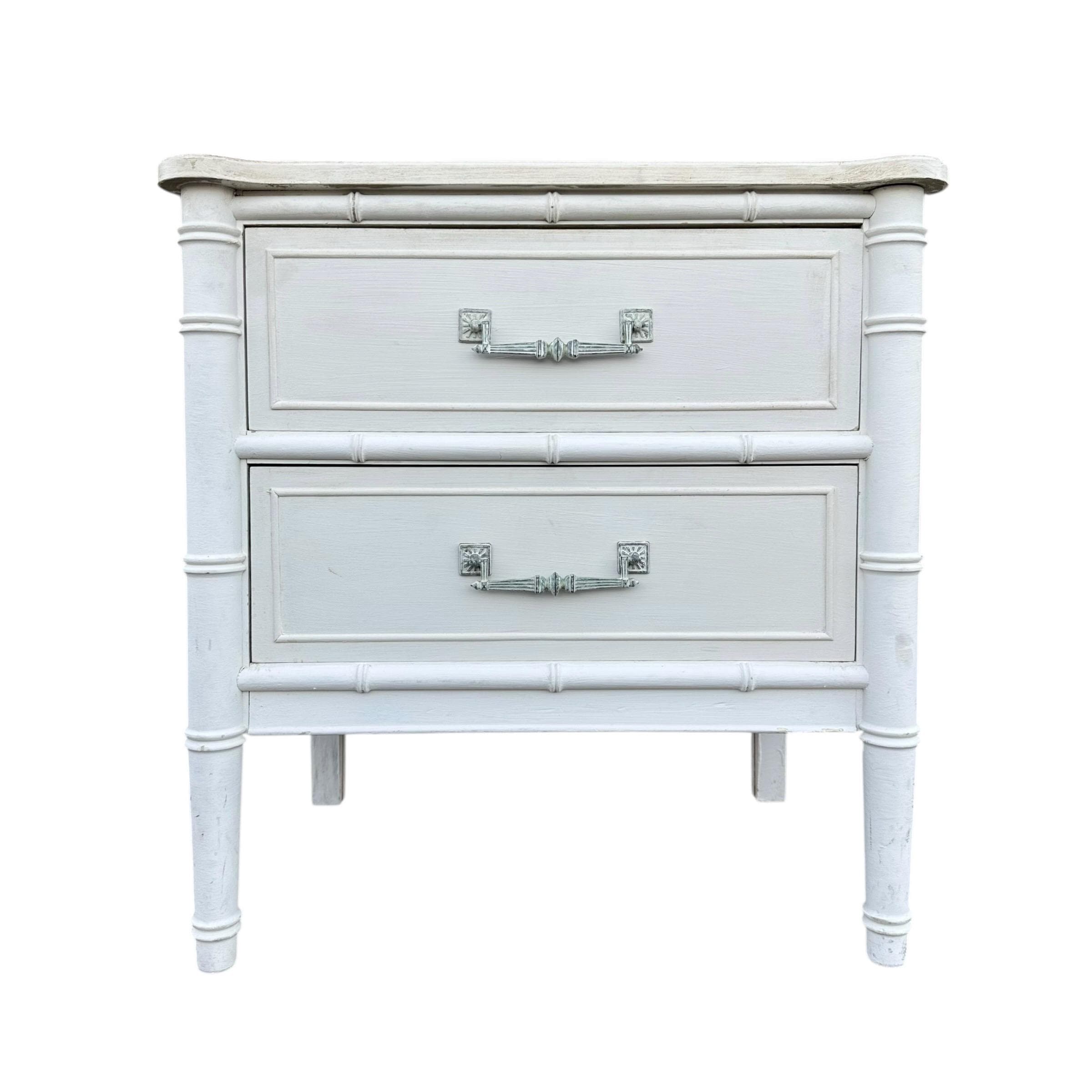 Faux Bamboo Nightstand by Henry Link Bali Hai - Vintage White Wash End Table Hollywood Regency Coastal