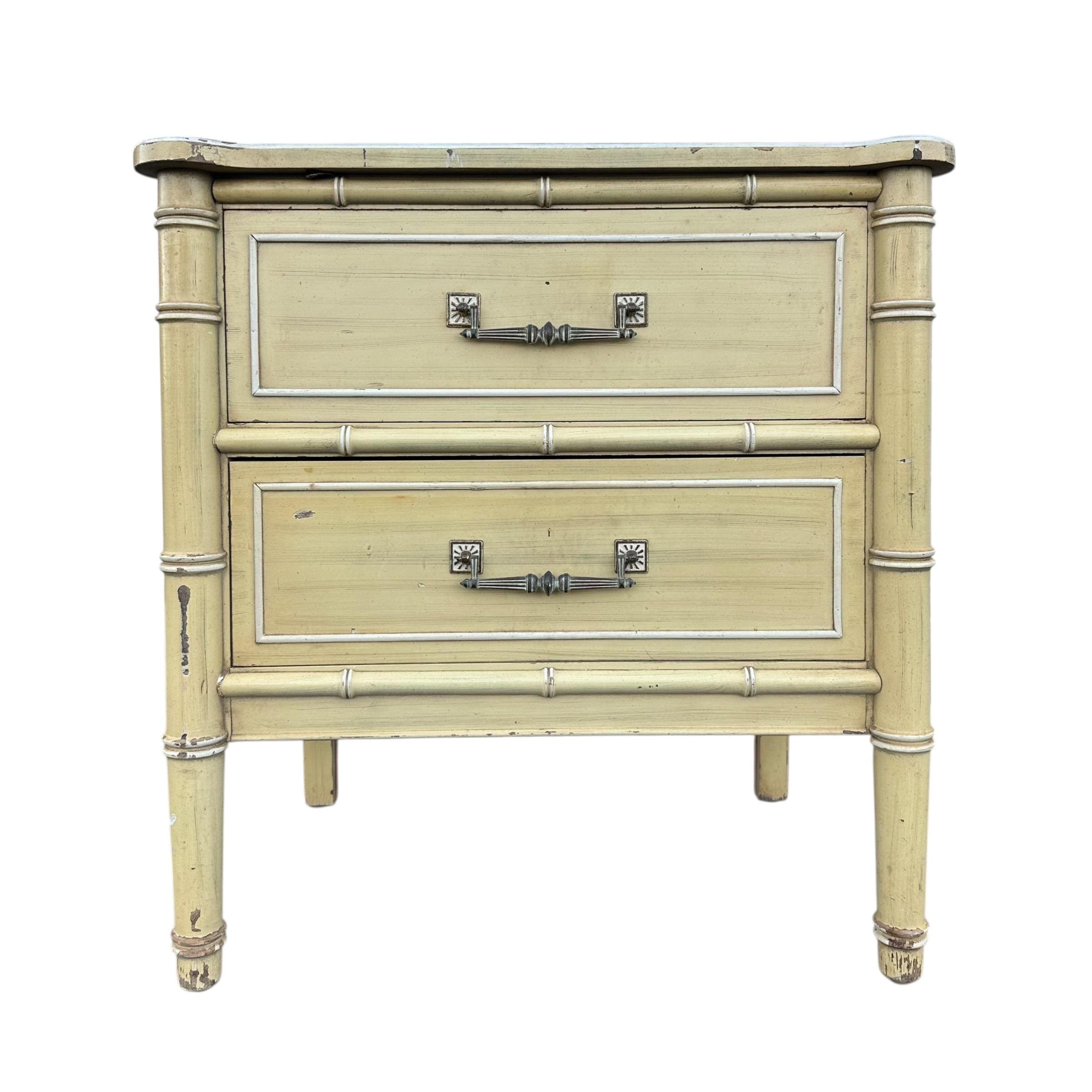 Faux Bamboo Nightstand by Henry Link Bali Hai - Vintage Yellow Wash End Table Hollywood Regency Coastal - Image 1