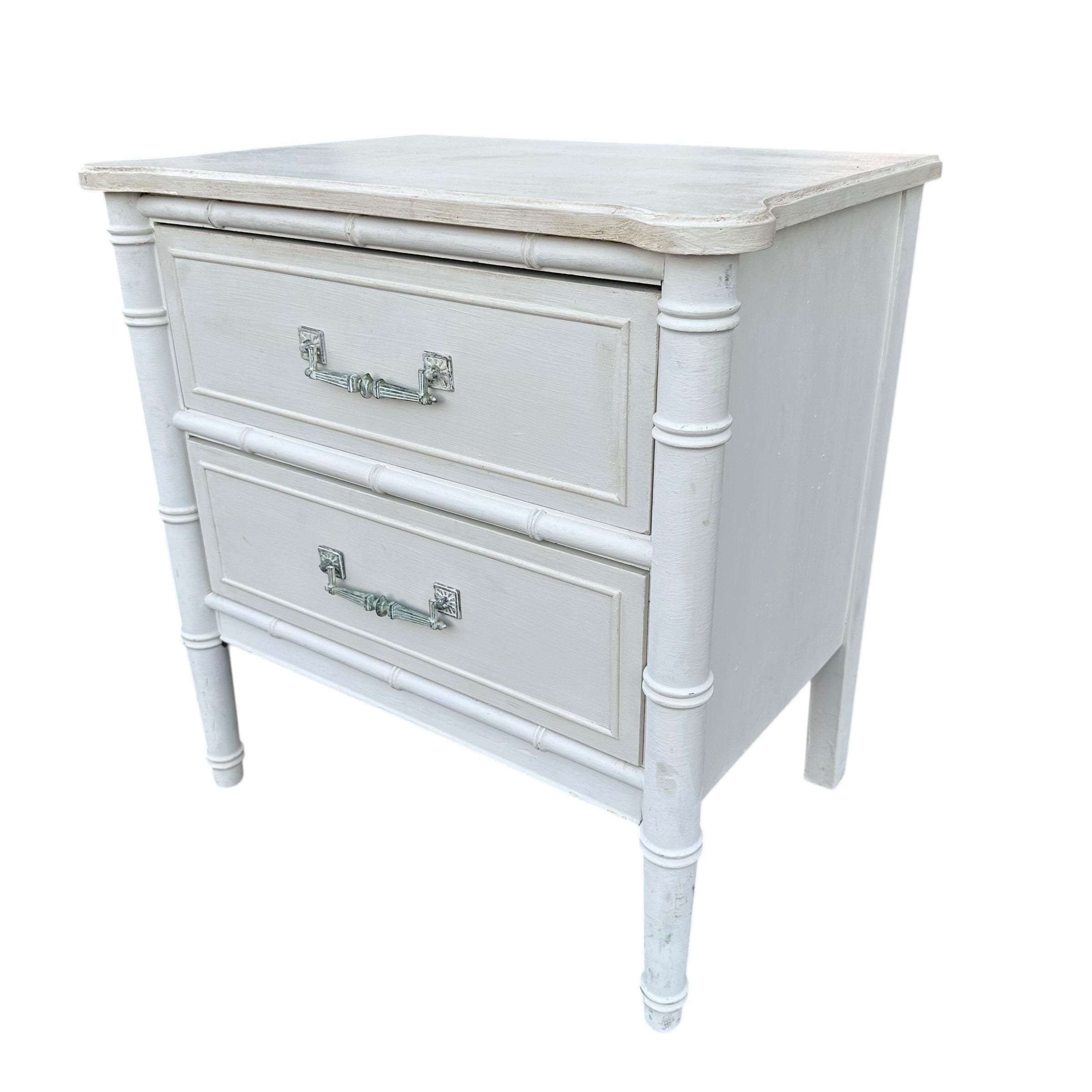 Faux Bamboo Nightstand by Henry Link Bali Hai - Vintage White Wash End Table Hollywood Regency Coastal - Thumbnail 3