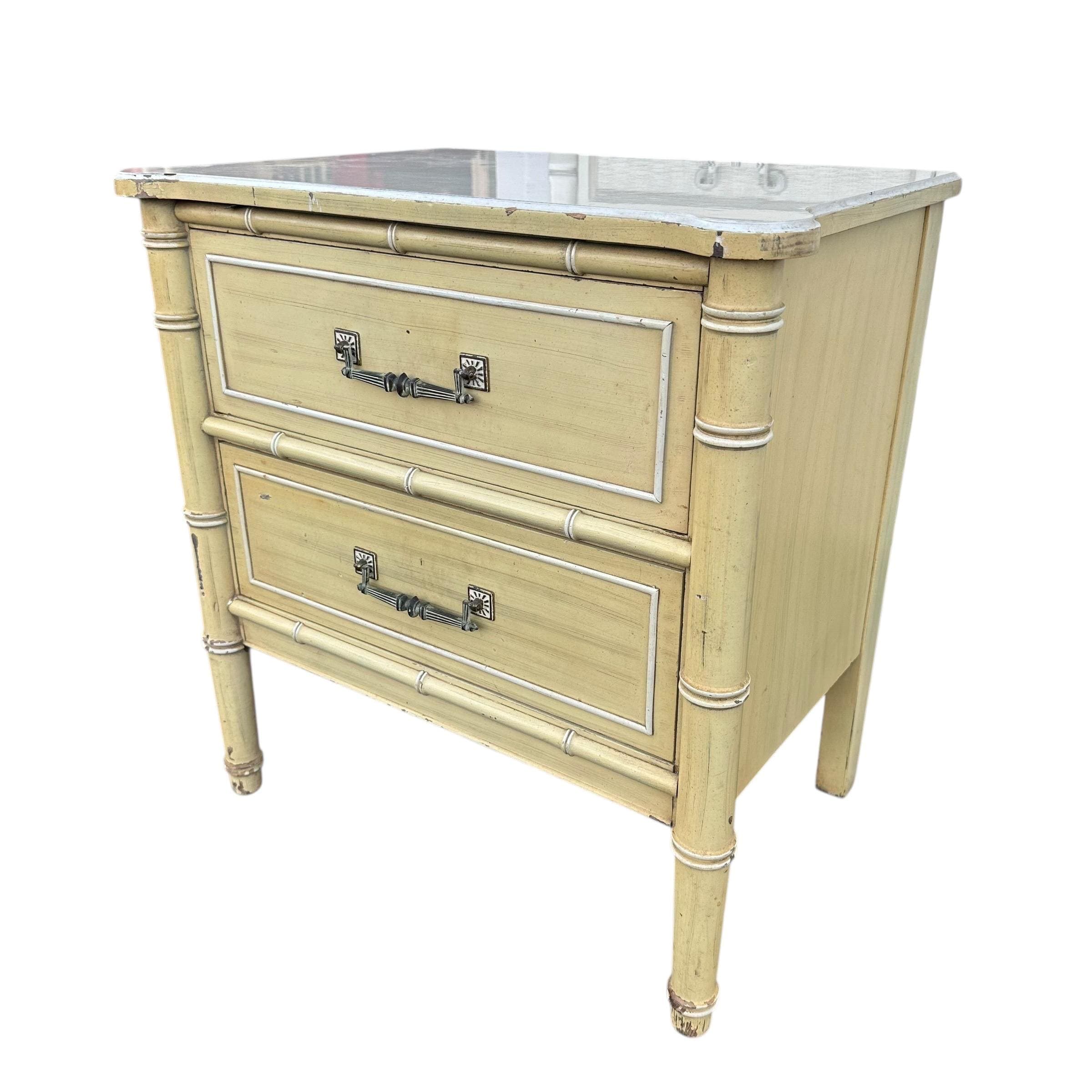 Faux Bamboo Nightstand by Henry Link Bali Hai - Vintage Yellow Wash End Table Hollywood Regency Coastal - Thumbnail 3
