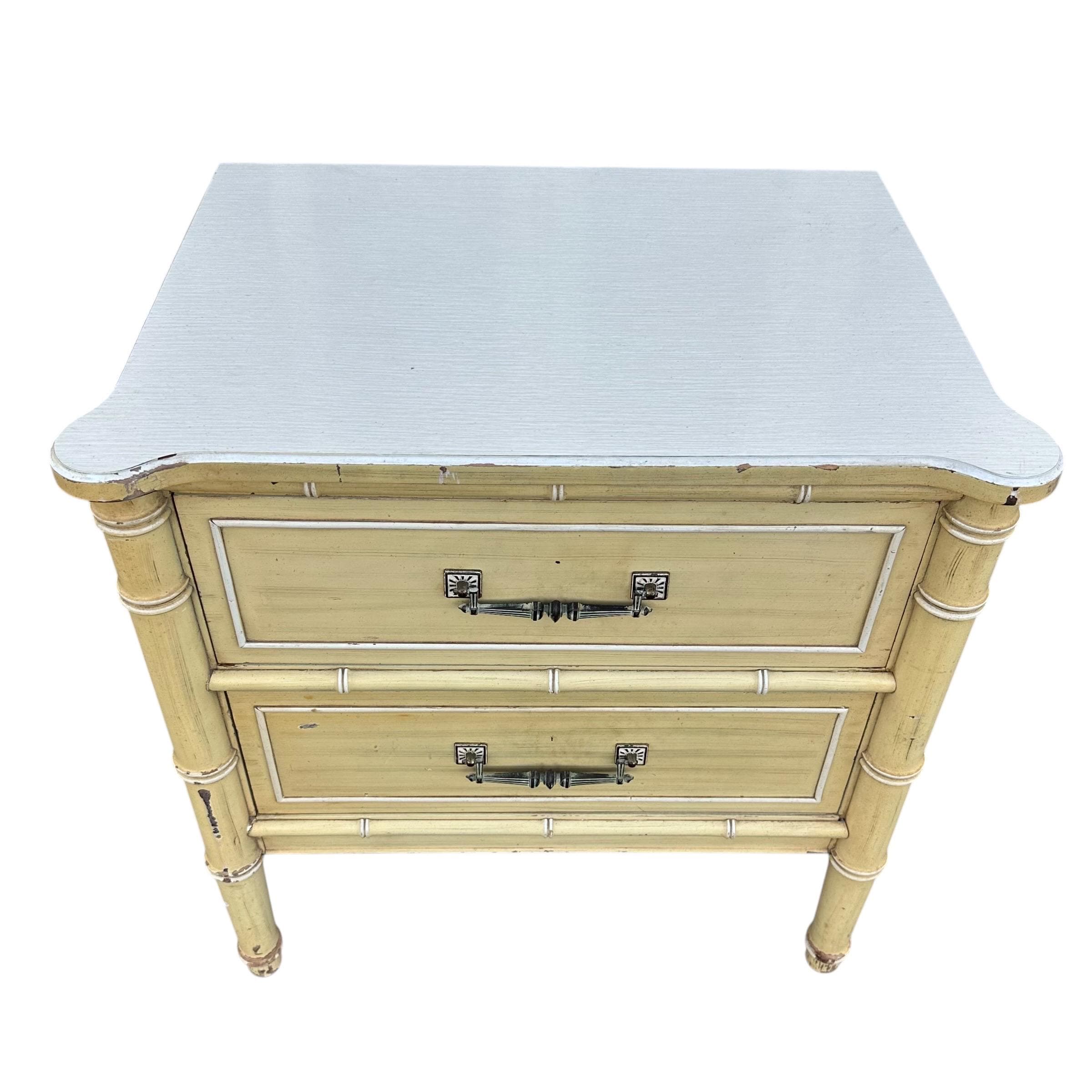 Faux Bamboo Nightstand by Henry Link Bali Hai - Vintage Yellow Wash End Table Hollywood Regency Coastal - Thumbnail 2