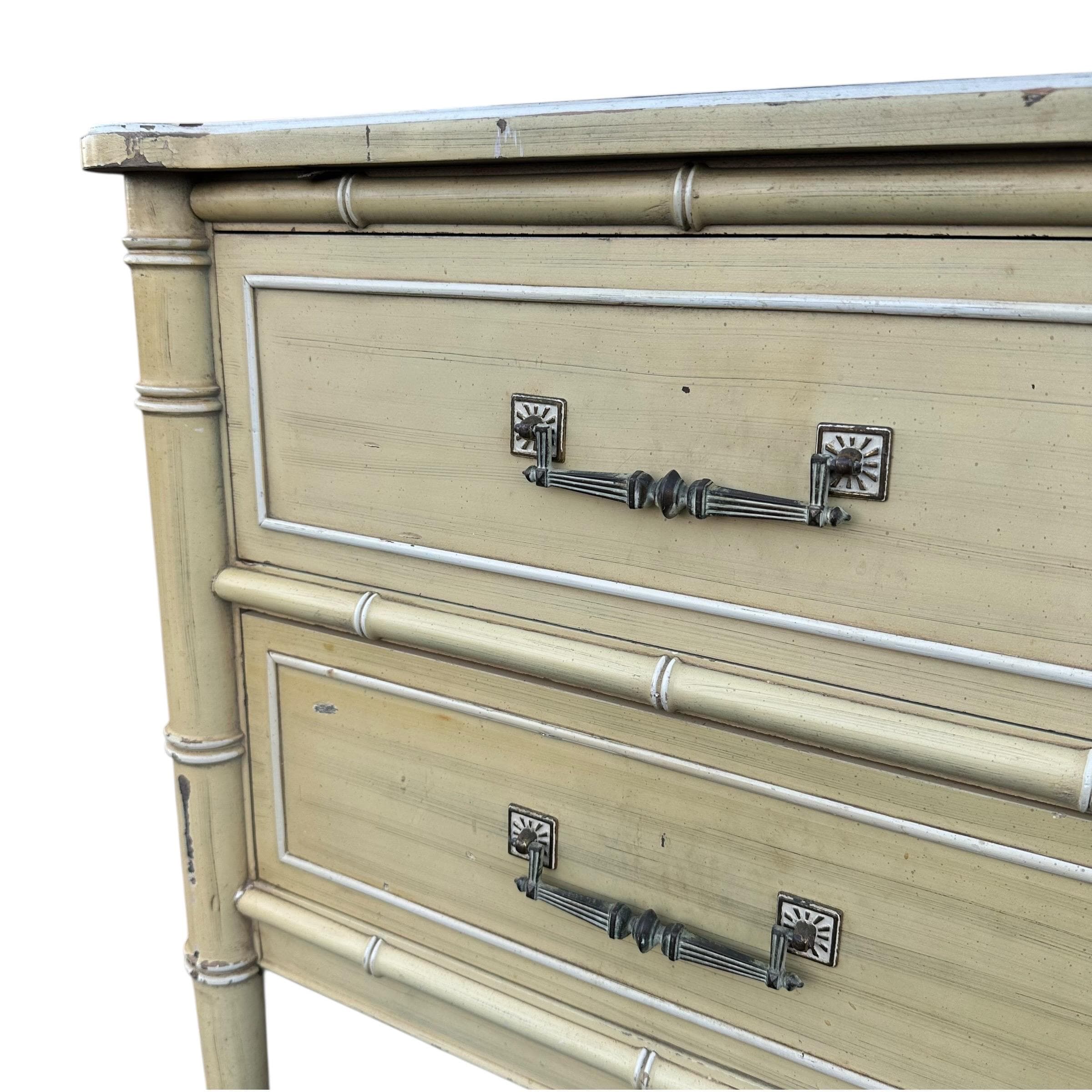 Faux Bamboo Nightstand by Henry Link Bali Hai - Vintage Yellow Wash End Table Hollywood Regency Coastal - Thumbnail 4